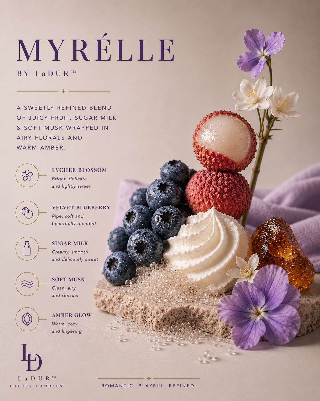 Myrélle – Luxury Soy Candle, Net 08 oz | Wooden Wick | Soft Fruit & Creamy Amber