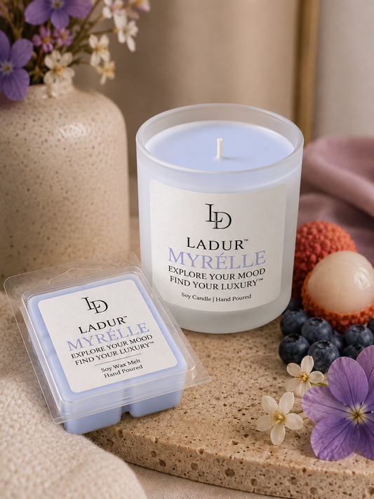 Myrélle – Luxury Soy Candle, Net 08 oz | Wooden Wick | Soft Fruit & Creamy Amber