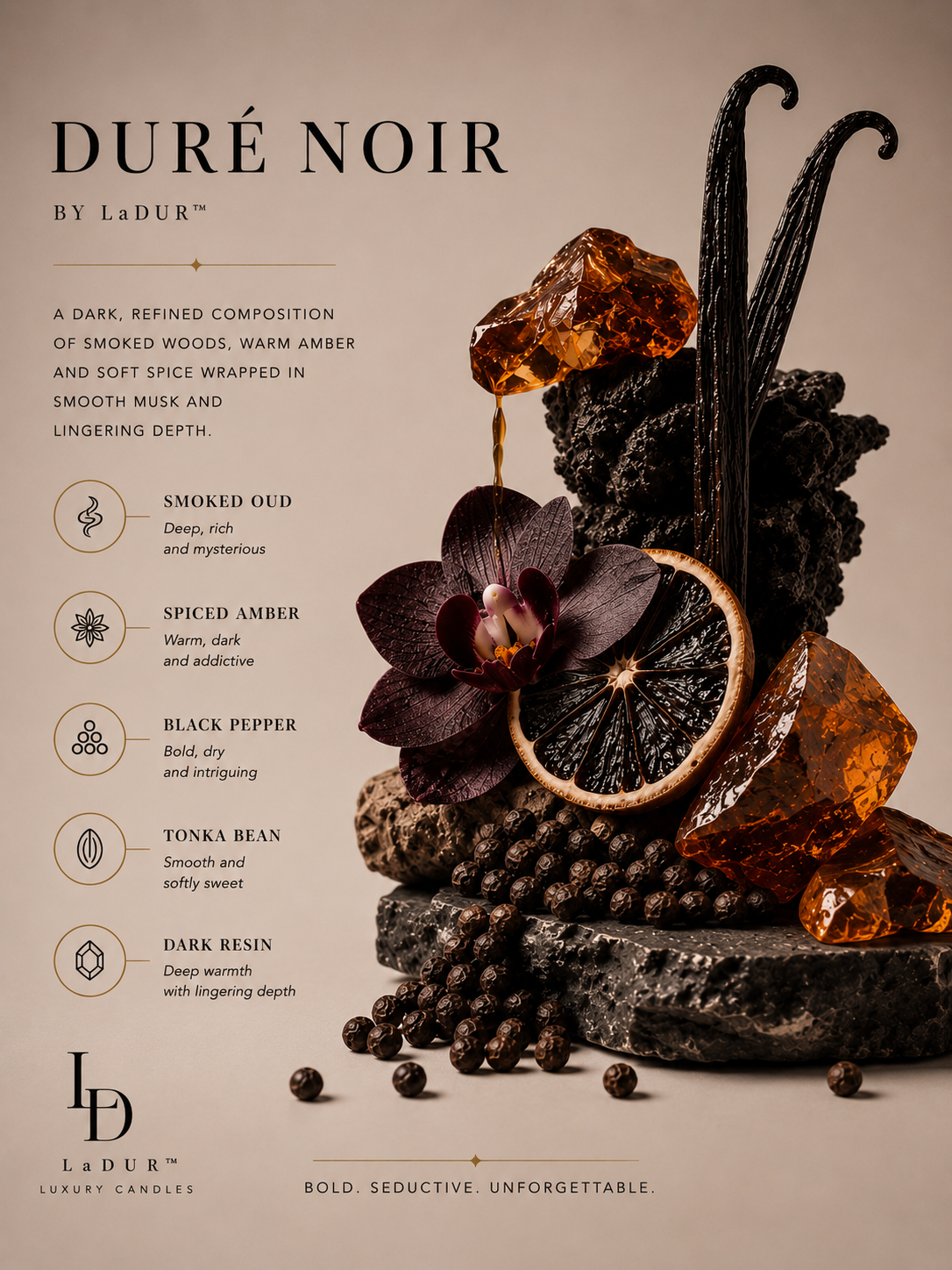 Duré Noir – Soy Candle, Net 08 oz | Wooden Wick | Bold Woods & Subtle Citrus